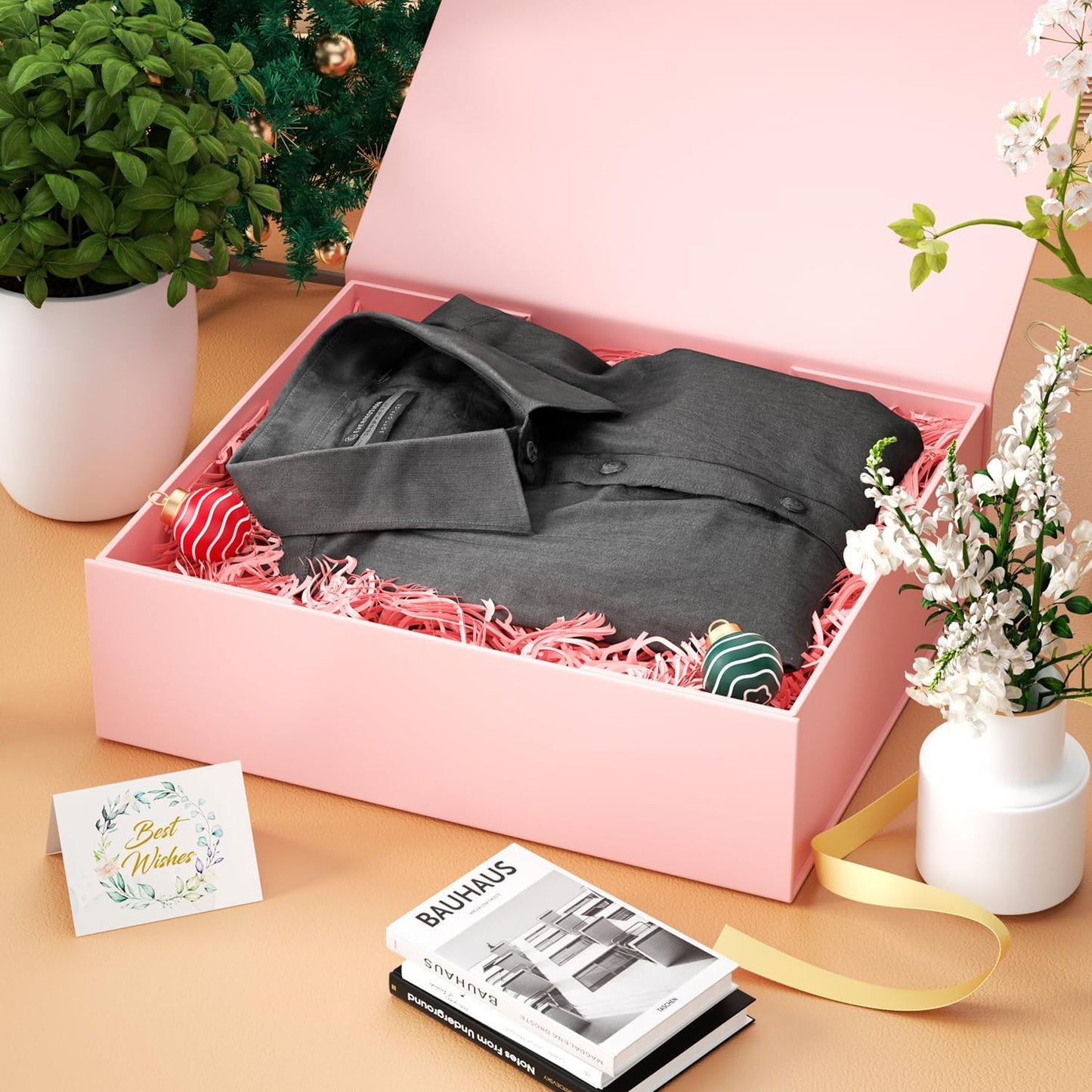 Gift Boxes with Lids, 11.5x7.8x3 In Pink Gift Box for Presents Magnetic Closure for T-Shirts, Gloves, Scarves, Books, Baby Clothes, Robes Clothing Gift Wrap, Contains Card, Ribbon