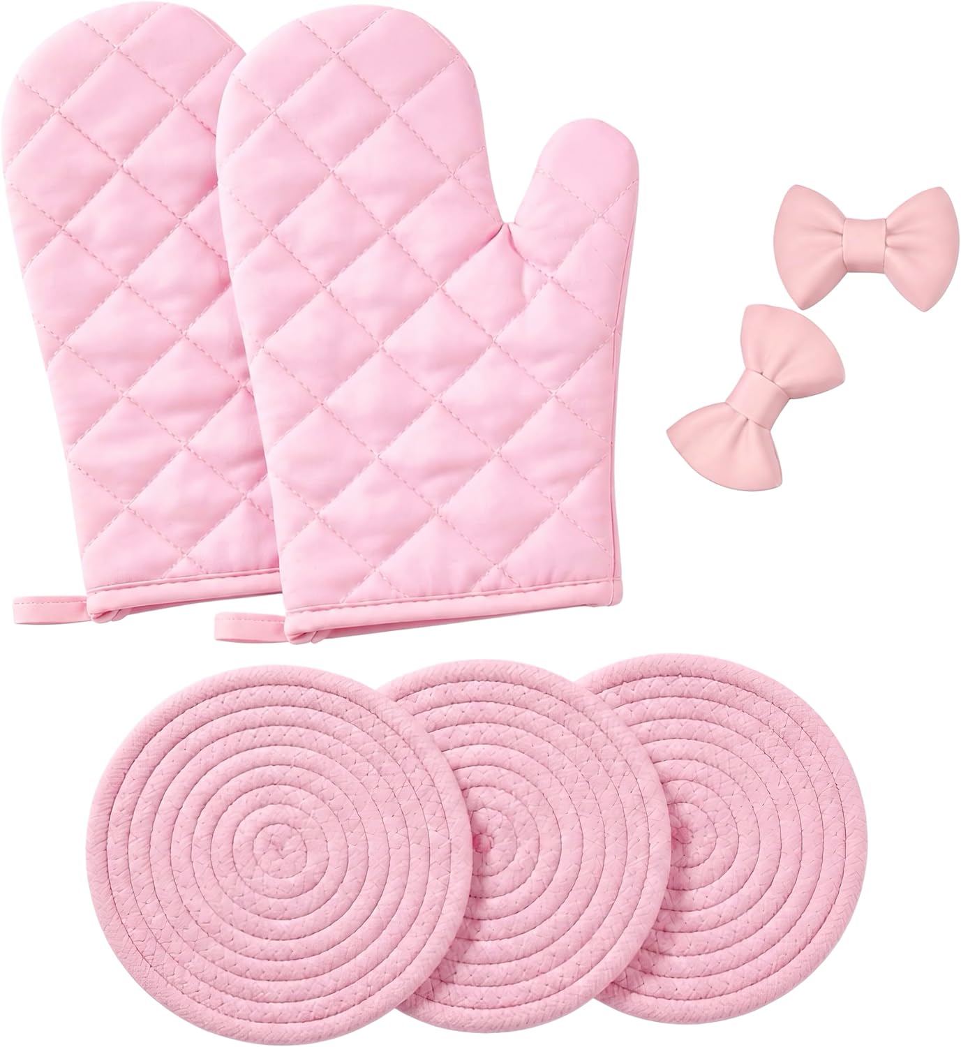 Pink Oven Mitts and Pot Holders Set, 7-Piece Heat Resistant Kitchen Gift with Cooking Gloves, Bow Handle Holder & 3 Trivets | Pink Kitchen Accessories for Women, Baking