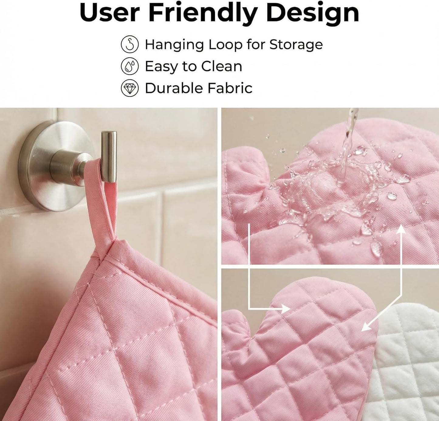Pink Oven Mitts and Pot Holders Set, 7-Piece Heat Resistant Kitchen Gift with Cooking Gloves, Bow Handle Holder & 3 Trivets | Pink Kitchen Accessories for Women, Baking