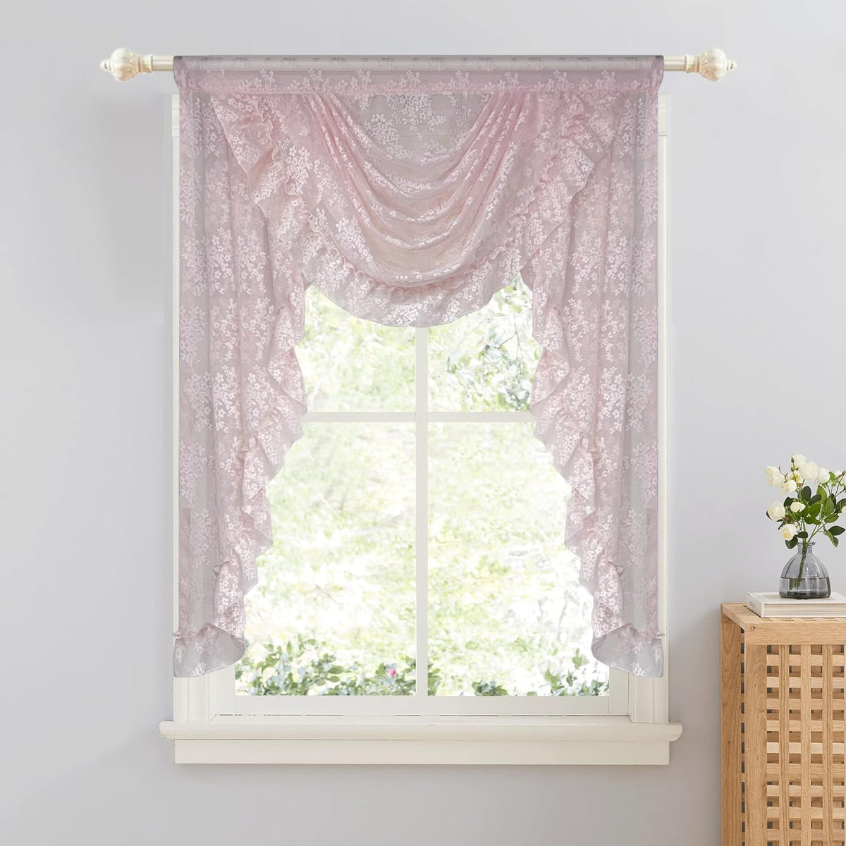 Pink Floral Lace Curtain Valance for Kitchen Pink Vine Ruffle Sheer Curtain