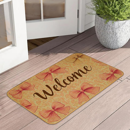 Pink Bow Indoor Outdoor Door Mat,Welcome Cute Bow Front Floor Mat Non-Slip Absorbent Low-Profile Washable Inside Entrance,Linen Sturdy Soft Entry Doormat for Entryway