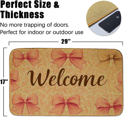 Pink Bow Indoor Outdoor Door Mat,Welcome Cute Bow Front Floor Mat Non-Slip Absorbent Low-Profile Washable Inside Entrance,Linen Sturdy Soft Entry Doormat for Entryway