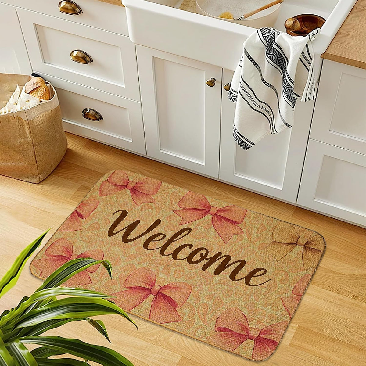 Pink Bow Indoor Outdoor Door Mat,Welcome Cute Bow Front Floor Mat Non-Slip Absorbent Low-Profile Washable Inside Entrance,Linen Sturdy Soft Entry Doormat for Entryway