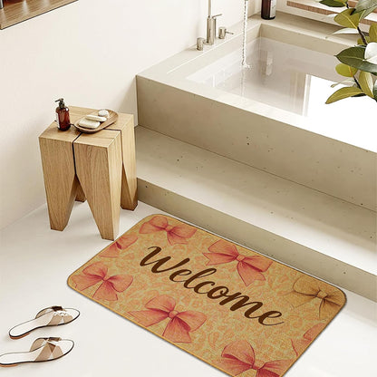 Pink Bow Indoor Outdoor Door Mat,Welcome Cute Bow Front Floor Mat Non-Slip Absorbent Low-Profile Washable Inside Entrance,Linen Sturdy Soft Entry Doormat for Entryway