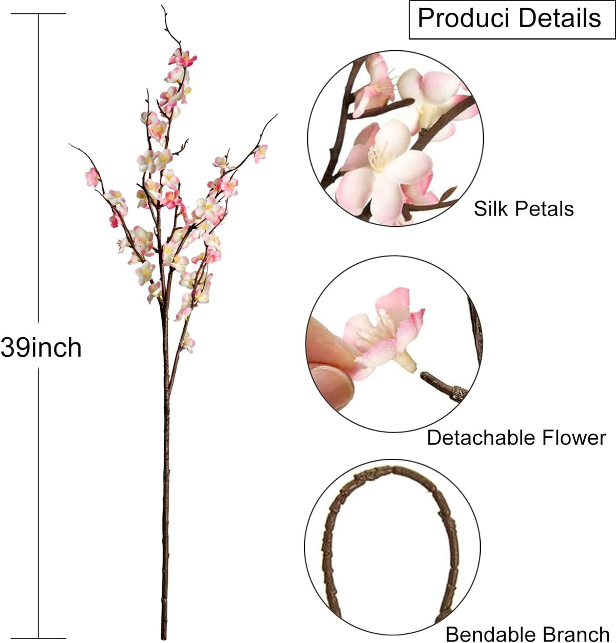 5pcs 39'' Cherry Blossom Branches Silk for Artificial Stems Vase Wedding Decor (5, Pink)