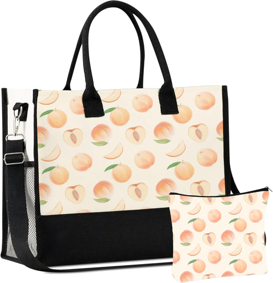 InnoBeta Peach Gifts for Women Girls - Cute Fruit Aesthetic Cottagecore - Canvas Tote Bag with Zipper and Pouch