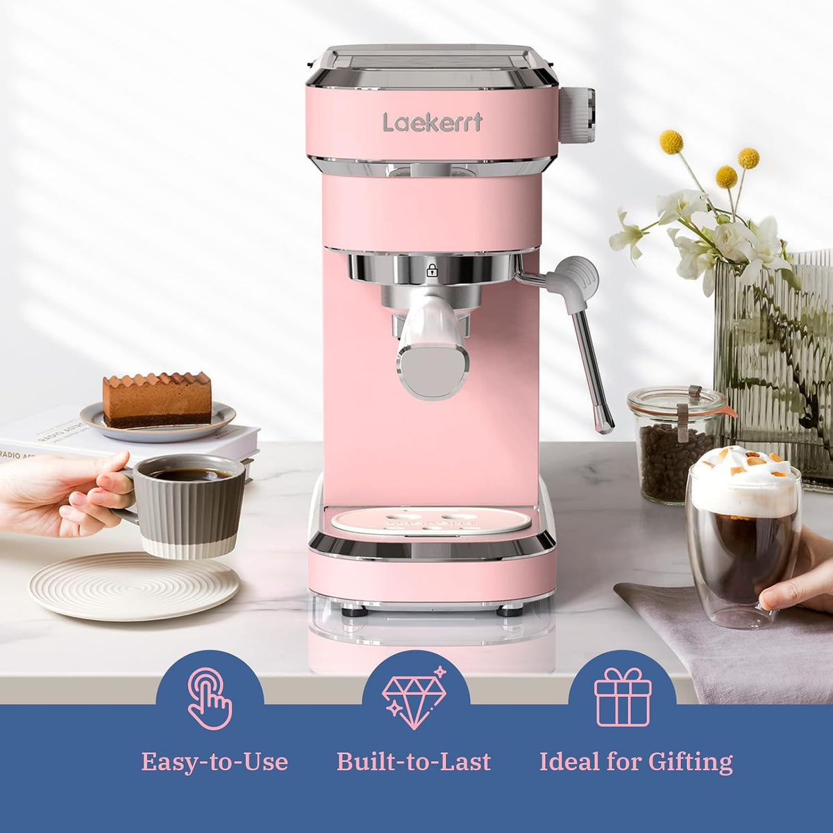 Professional Espresso Machine 20 Bar, Espresso Maker with Milk Frother Steam Wand, Stainless Steel Home Coffee Machines for Cappuccino and Latte, Gift for Women Wife Daughter or Mom, Pink