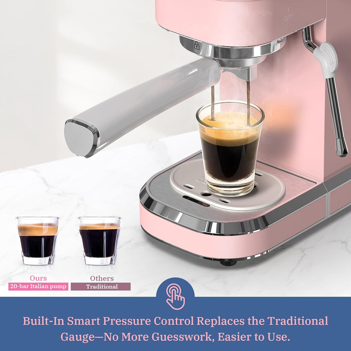 Professional Espresso Machine 20 Bar, Espresso Maker with Milk Frother Steam Wand, Stainless Steel Home Coffee Machines for Cappuccino and Latte, Gift for Women Wife Daughter or Mom, Pink