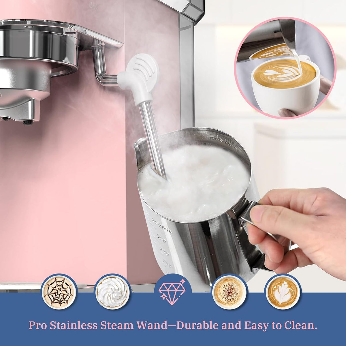 Professional Espresso Machine 20 Bar, Espresso Maker with Milk Frother Steam Wand, Stainless Steel Home Coffee Machines for Cappuccino and Latte, Gift for Women Wife Daughter or Mom, Pink