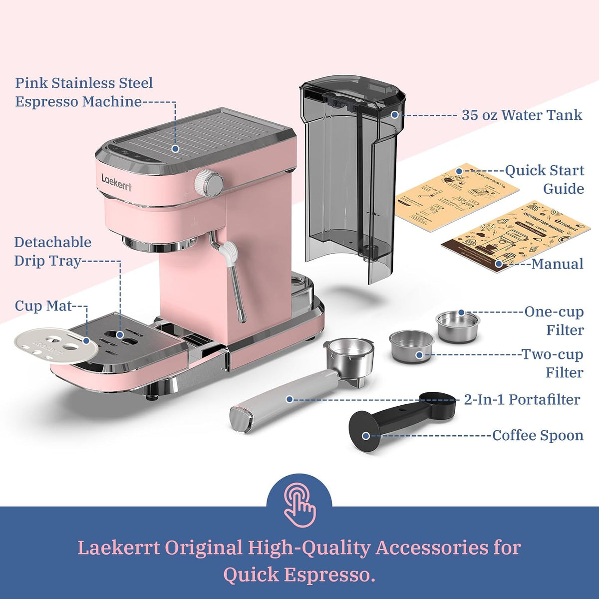 Professional Espresso Machine 20 Bar, Espresso Maker with Milk Frother Steam Wand, Stainless Steel Home Coffee Machines for Cappuccino and Latte, Gift for Women Wife Daughter or Mom, Pink