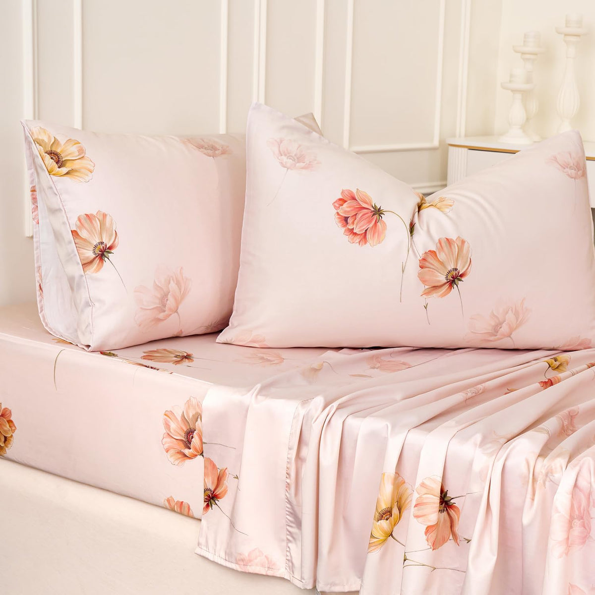 Blush Pink Floral Bed Sheets 100% Cotton Full Size Sheet Set Satin Weave 4Pcs, Apricot Peach Flower Printed Bed Set with Deep Pocket 17.5", Soft Breathable & Crisp, Luxury French Country