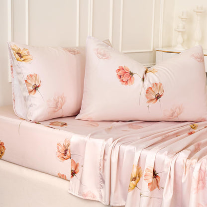 Blush Pink Floral Bed Sheets 100% Cotton Full Size Sheet Set Satin Weave 4Pcs, Apricot Peach Flower Printed Bed Set with Deep Pocket 17.5", Soft Breathable & Crisp, Luxury French Country