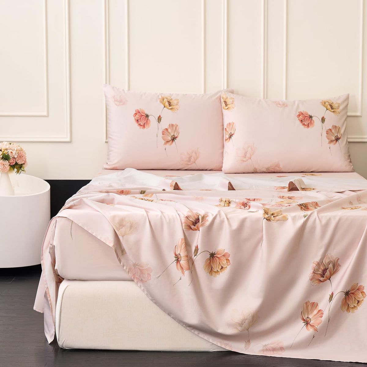 Blush Pink Floral Bed Sheets 100% Cotton Full Size Sheet Set Satin Weave 4Pcs, Apricot Peach Flower Printed Bed Set with Deep Pocket 17.5", Soft Breathable & Crisp, Luxury French Country