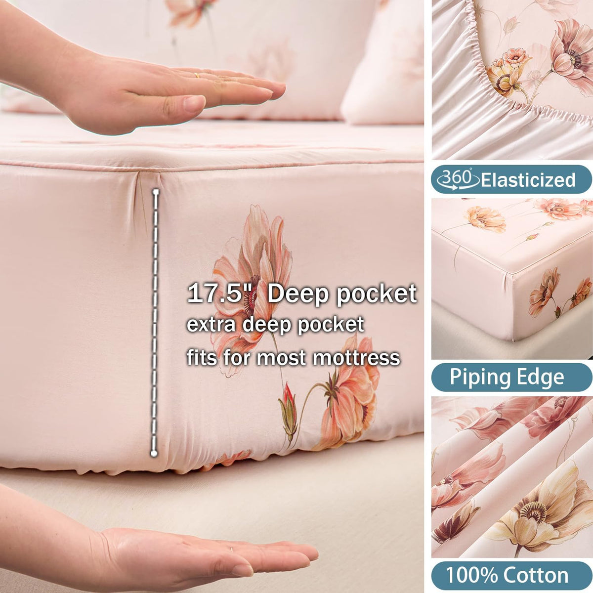 Blush Pink Floral Bed Sheets 100% Cotton Full Size Sheet Set Satin Weave 4Pcs, Apricot Peach Flower Printed Bed Set with Deep Pocket 17.5", Soft Breathable & Crisp, Luxury French Country