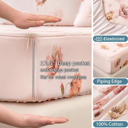 Blush Pink Floral Bed Sheets 100% Cotton Full Size Sheet Set Satin Weave 4Pcs, Apricot Peach Flower Printed Bed Set with Deep Pocket 17.5", Soft Breathable & Crisp, Luxury French Country