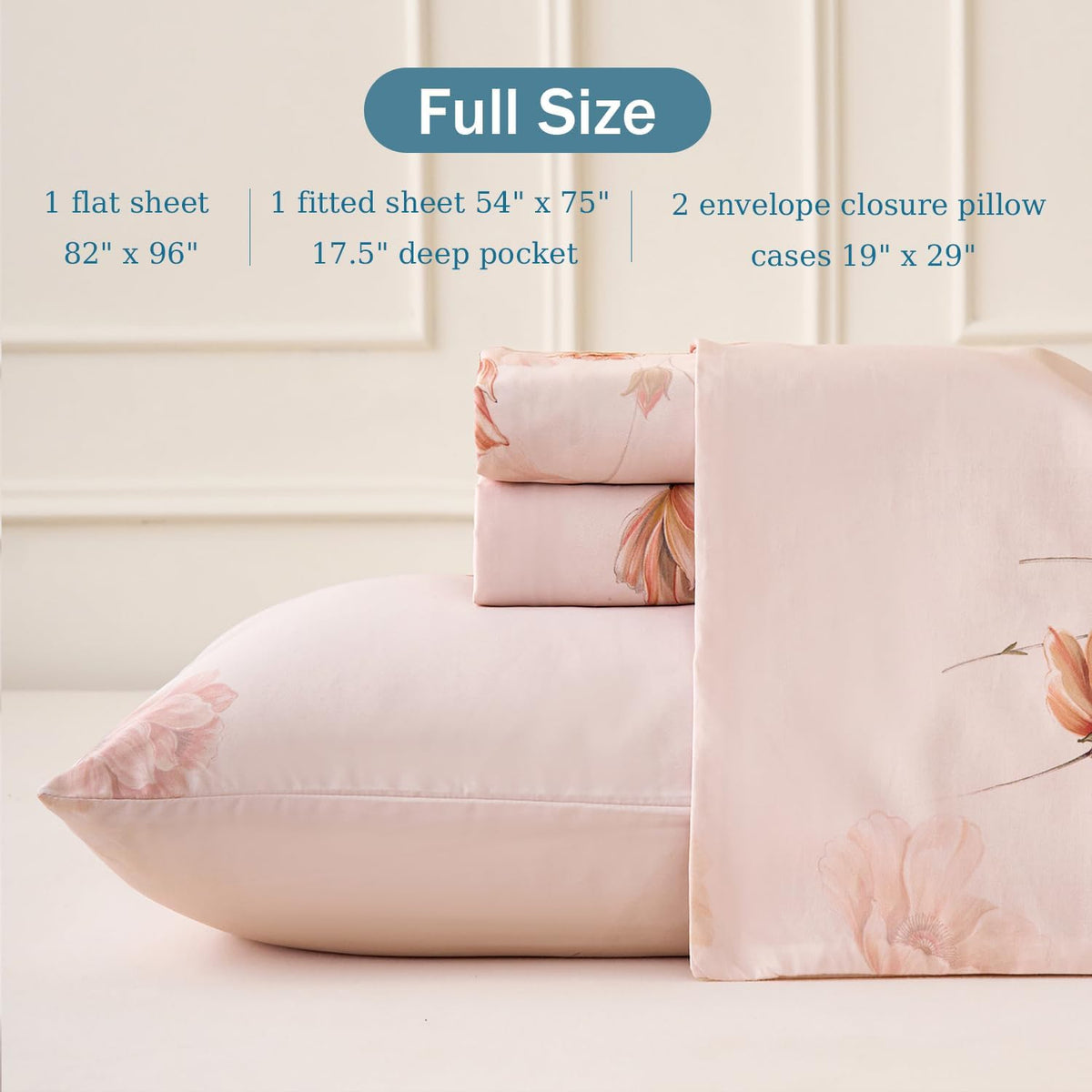 Blush Pink Floral Bed Sheets 100% Cotton Full Size Sheet Set Satin Weave 4Pcs, Apricot Peach Flower Printed Bed Set with Deep Pocket 17.5", Soft Breathable & Crisp, Luxury French Country