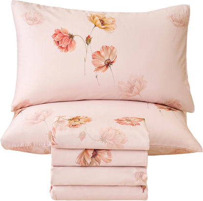 Blush Pink Floral Bed Sheets 100% Cotton Full Size Sheet Set Satin Weave 4Pcs, Apricot Peach Flower Printed Bed Set with Deep Pocket 17.5", Soft Breathable & Crisp, Luxury French Country