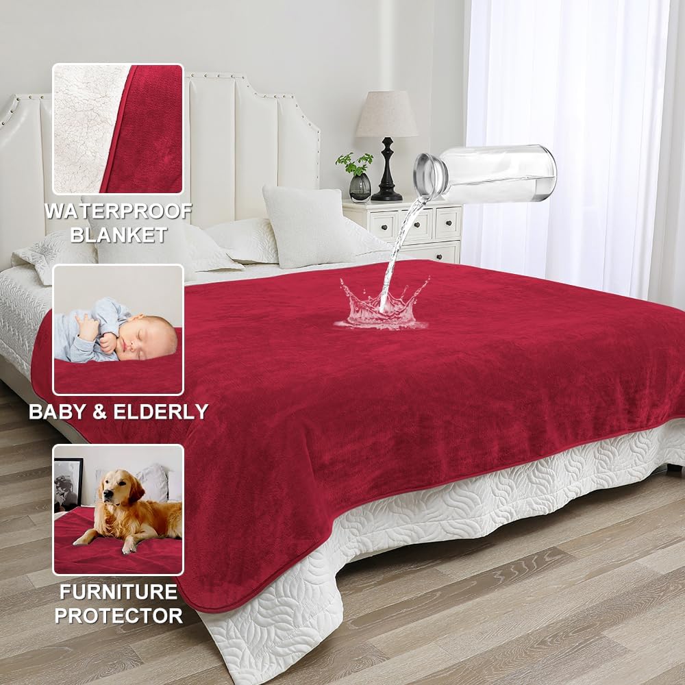 Waterproof Blanket for Beds – Ideal for Couch & Pets Splash Proof Sherpa Throw, Leakproof TPU Layer, Stain Resistant Washable Bed Protector – Burgandy, 90"x 80"