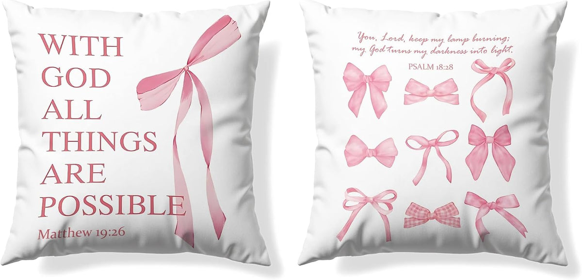 Coquette Pink Bow Christian Throw Pillow Covers 18x18 Set of 2,Pink Bow Christian Room Bedroom Dorm Decor Aesthetic for College Teen Girls Gifts, Inspirational Bible Verses Bow Pillowcase（02）