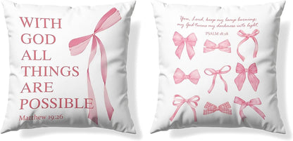 Coquette Pink Bow Christian Throw Pillow Covers 18x18 Set of 2,Pink Bow Christian Room Bedroom Dorm Decor Aesthetic for College Teen Girls Gifts, Inspirational Bible Verses Bow Pillowcase（02）