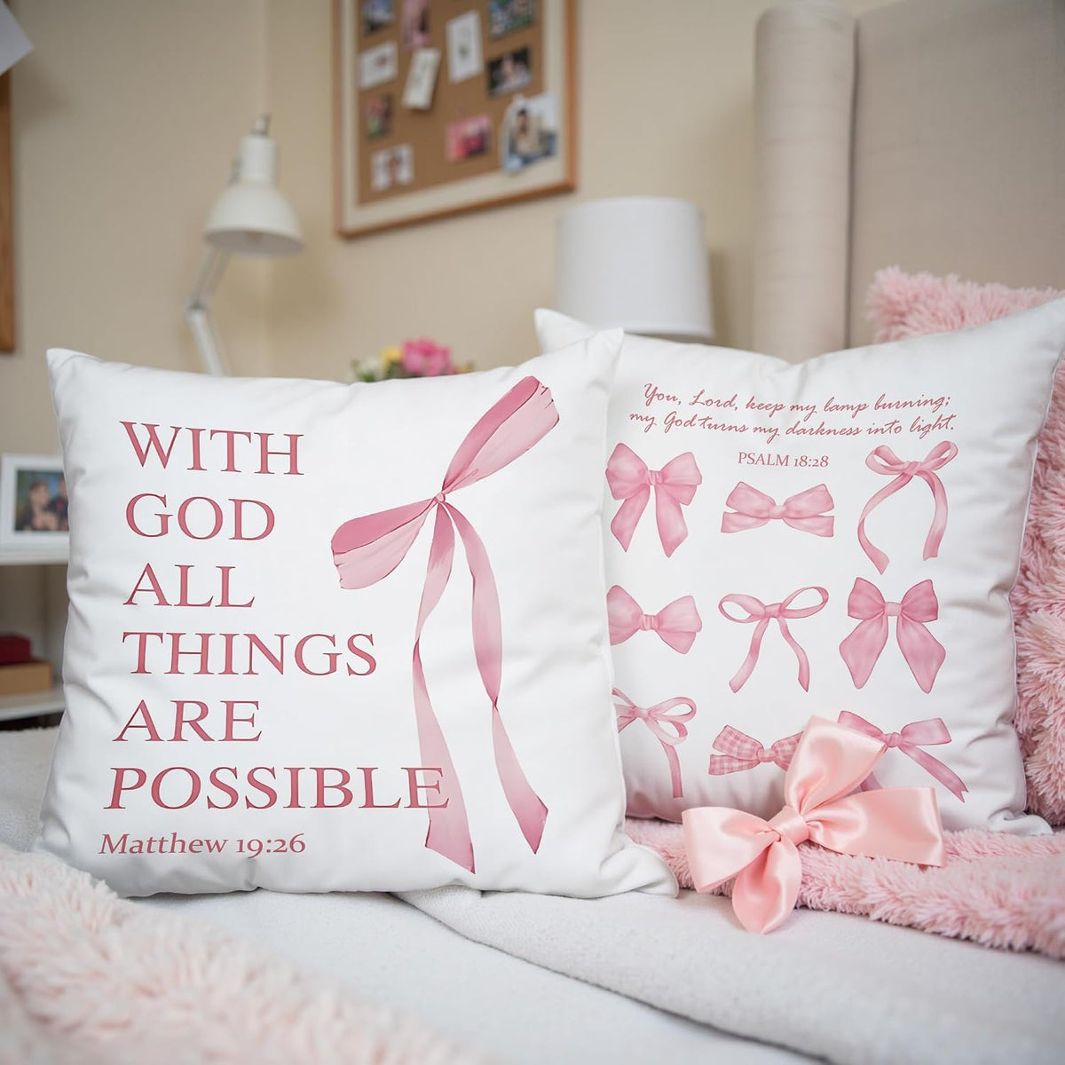 Coquette Pink Bow Christian Throw Pillow Covers 18x18 Set of 2,Pink Bow Christian Room Bedroom Dorm Decor Aesthetic for College Teen Girls Gifts, Inspirational Bible Verses Bow Pillowcase（02）