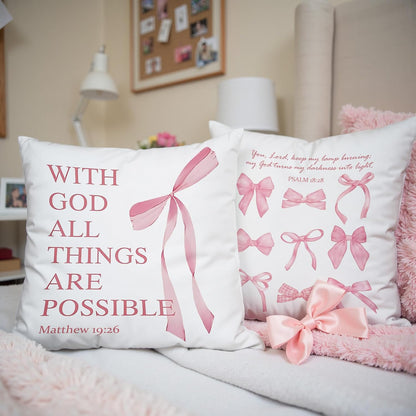 Coquette Pink Bow Christian Throw Pillow Covers 18x18 Set of 2,Pink Bow Christian Room Bedroom Dorm Decor Aesthetic for College Teen Girls Gifts, Inspirational Bible Verses Bow Pillowcase（02）