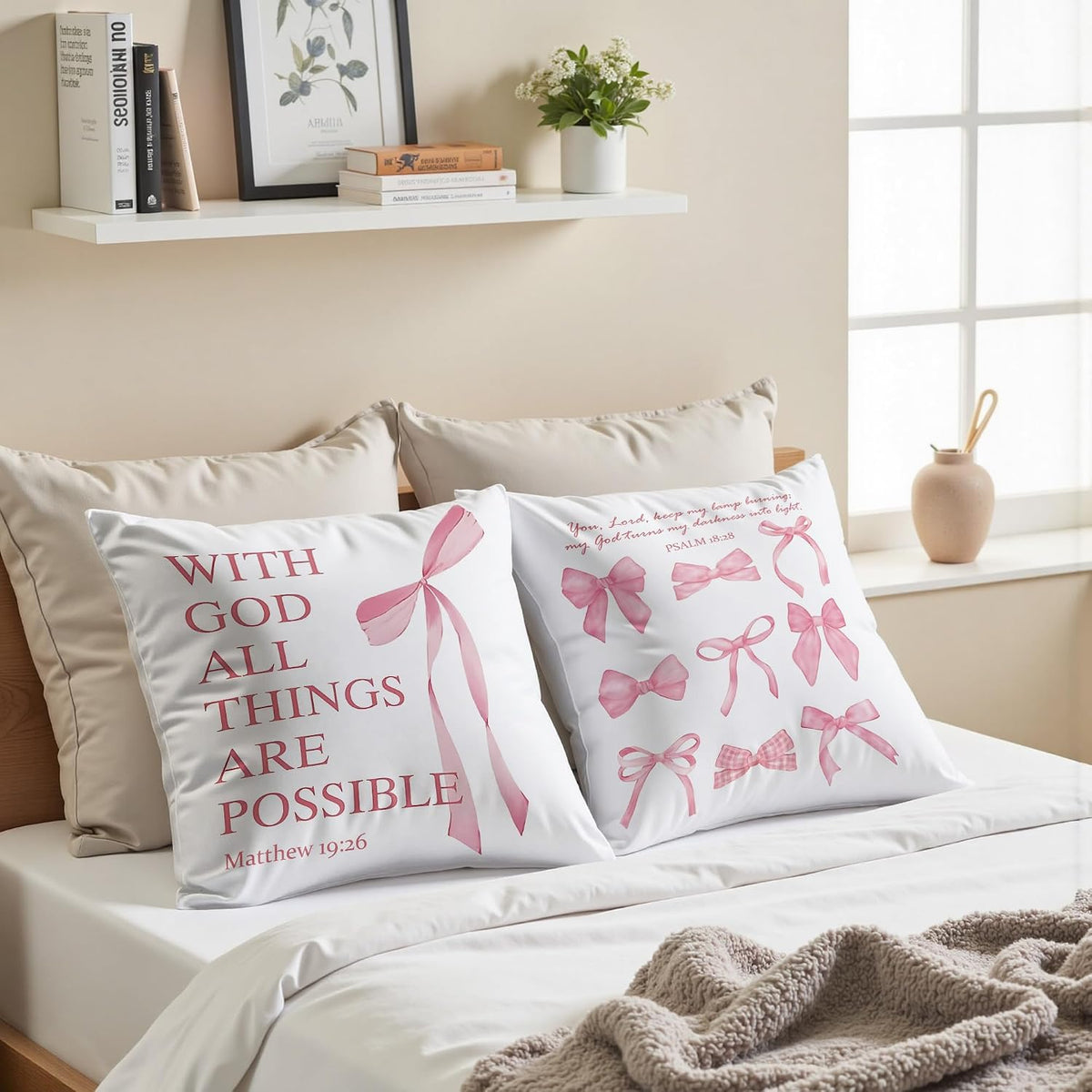 Coquette Pink Bow Christian Throw Pillow Covers 18x18 Set of 2,Pink Bow Christian Room Bedroom Dorm Decor Aesthetic for College Teen Girls Gifts, Inspirational Bible Verses Bow Pillowcase（02）