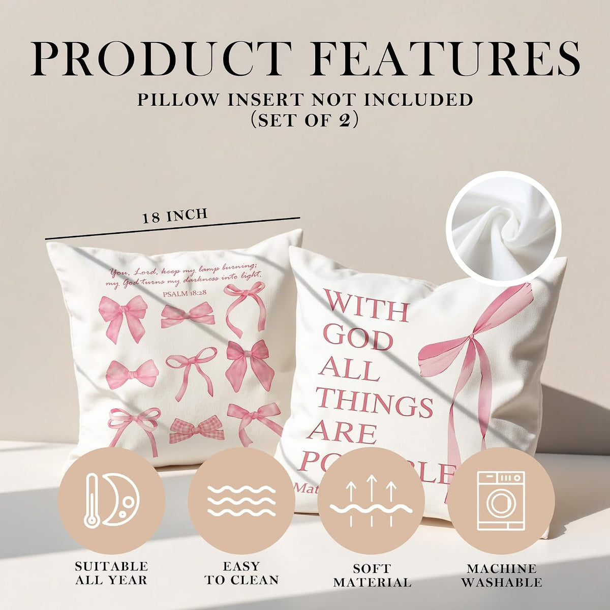 Coquette Pink Bow Christian Throw Pillow Covers 18x18 Set of 2,Pink Bow Christian Room Bedroom Dorm Decor Aesthetic for College Teen Girls Gifts, Inspirational Bible Verses Bow Pillowcase（02）