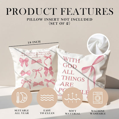 Coquette Pink Bow Christian Throw Pillow Covers 18x18 Set of 2,Pink Bow Christian Room Bedroom Dorm Decor Aesthetic for College Teen Girls Gifts, Inspirational Bible Verses Bow Pillowcase（02）
