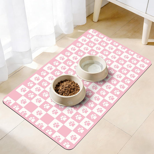 Pet Mats for Food and Water, Pink Checkered Dog Food Mat for Floors, Non Slip Indoor Quick Dry Cat Bowl Feeding Mats (11.8” X19.7”)