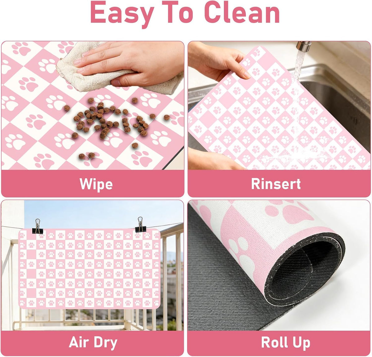 Pet Mats for Food and Water, Pink Checkered Dog Food Mat for Floors, Non Slip Indoor Quick Dry Cat Bowl Feeding Mats (11.8” X19.7”)