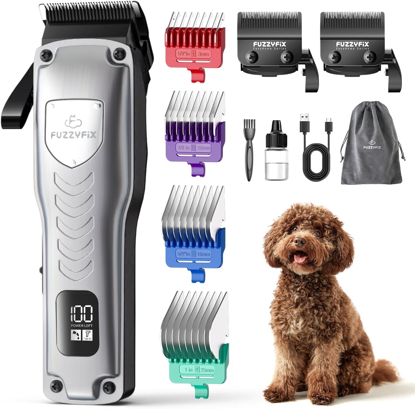 Professional Dog Clippers for Grooming Thick Coats, Upgraded Metal Guide Comb Low Noise Cordless Dog Grooming Kit, Dogs Hair Clippers with 2 Detachable Stainless Steel Blade for Curly/Wavy/Matted Fur