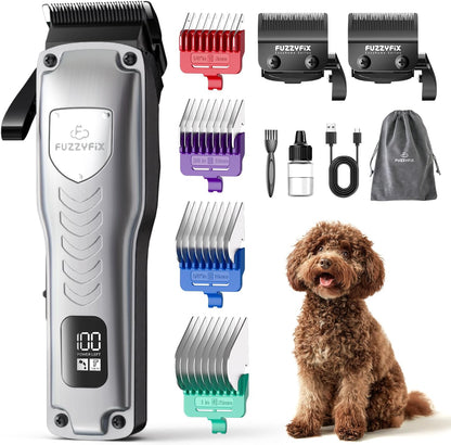 Professional Dog Clippers for Grooming Thick Coats, Upgraded Metal Guide Comb Low Noise Cordless Dog Grooming Kit, Dogs Hair Clippers with 2 Detachable Stainless Steel Blade for Curly/Wavy/Matted Fur