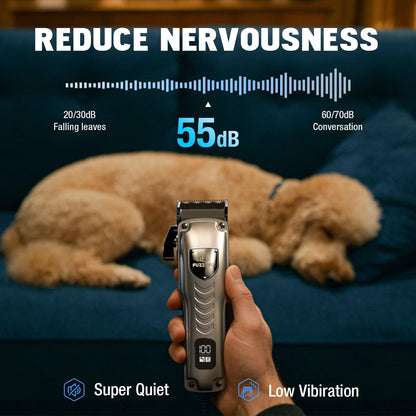 Professional Dog Clippers for Grooming Thick Coats, Upgraded Metal Guide Comb Low Noise Cordless Dog Grooming Kit, Dogs Hair Clippers with 2 Detachable Stainless Steel Blade for Curly/Wavy/Matted Fur