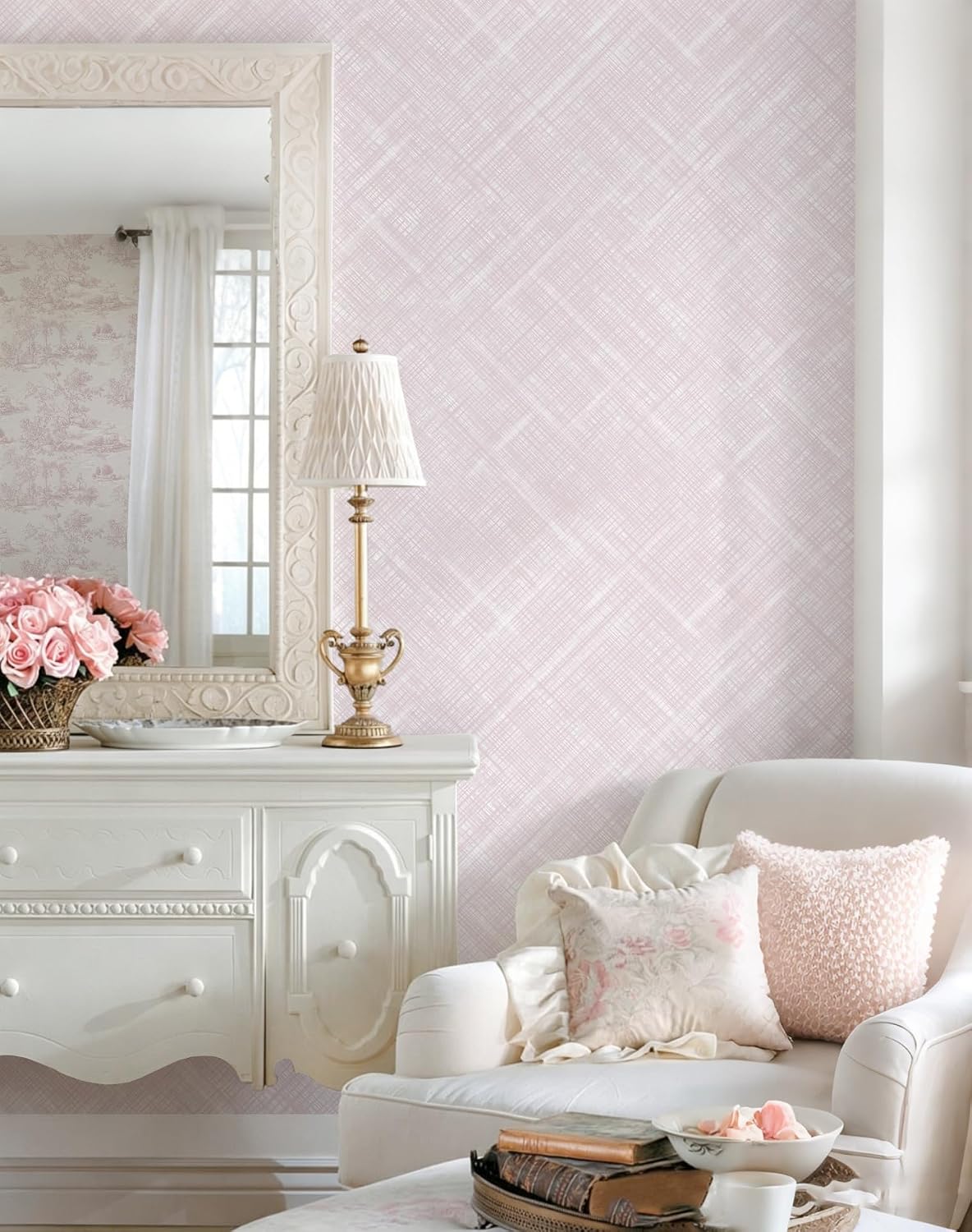 Pink Peel and Stick Wallpaper Modern Girls Wallpaper Boho Removable Contact Paper Light Pink Waterproof Self-Adhesive Wallpapers for Bathroom Bedroom Living Room Decor Vinyl 17.3"x196.8"