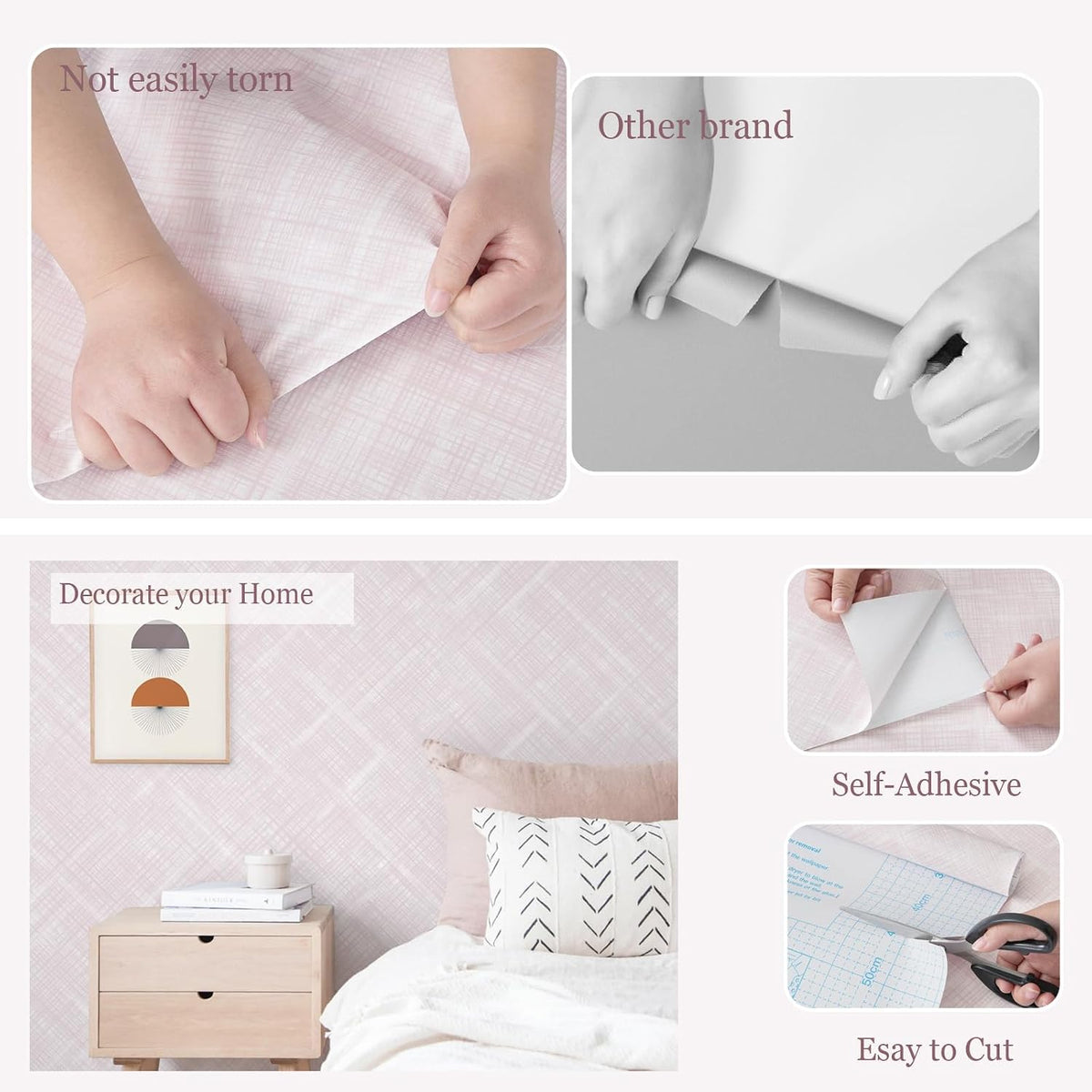 Pink Peel and Stick Wallpaper Modern Girls Wallpaper Boho Removable Contact Paper Light Pink Waterproof Self-Adhesive Wallpapers for Bathroom Bedroom Living Room Decor Vinyl 17.3"x196.8"