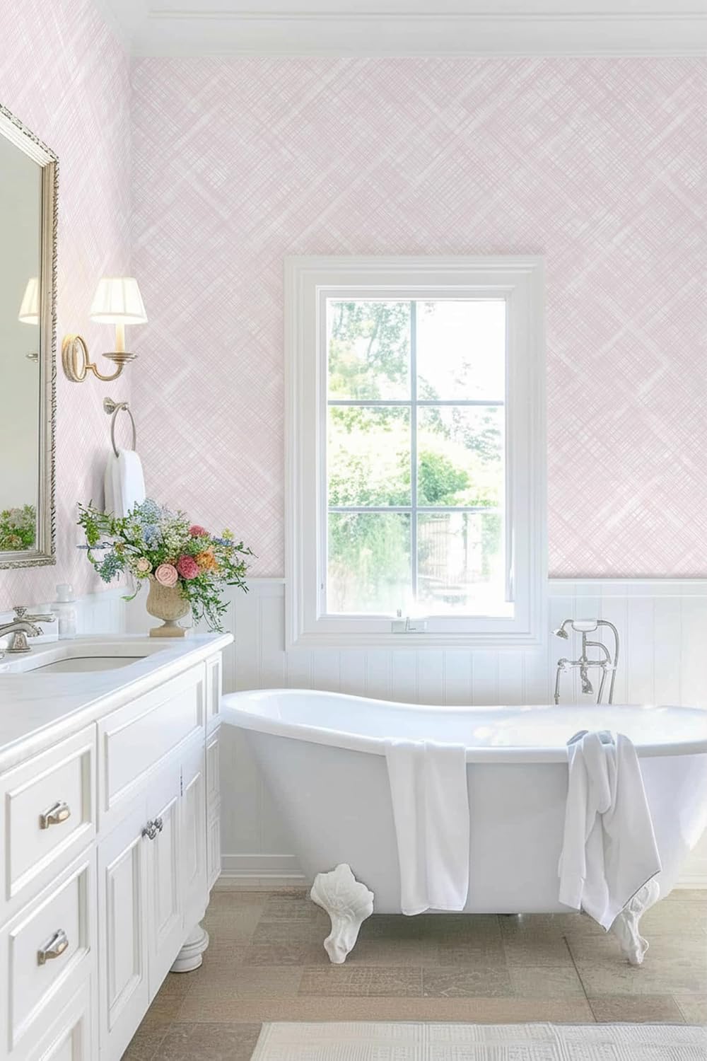 Pink Peel and Stick Wallpaper Modern Girls Wallpaper Boho Removable Contact Paper Light Pink Waterproof Self-Adhesive Wallpapers for Bathroom Bedroom Living Room Decor Vinyl 17.3"x196.8"