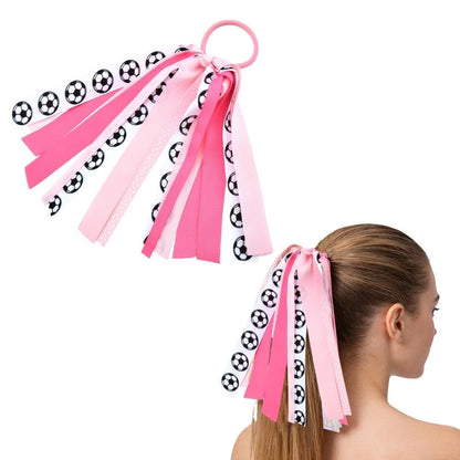 Soccer Hair Ties with Glitter Ribbons Pink Hair Accessories for Women Soccer Ribbon Hair Band Tassels Ponytail Holders Cheer Bows for Girls Scrunchies Streamers for Cheerleaders Team Gifts Ideas