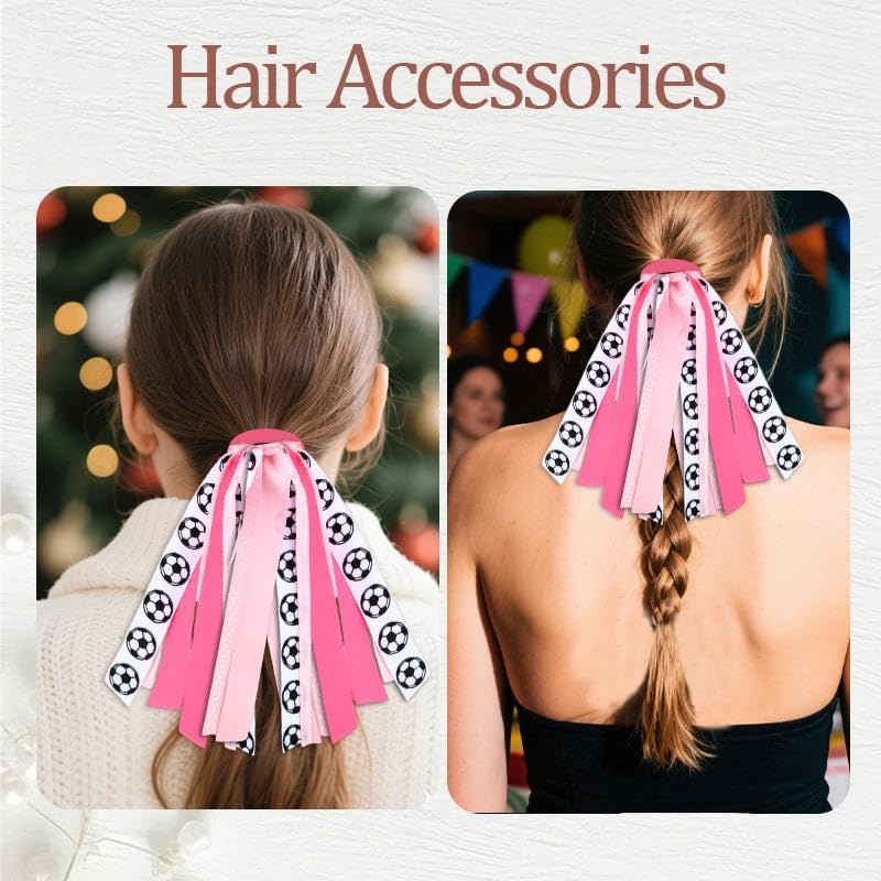 Soccer Hair Ties with Glitter Ribbons Pink Hair Accessories for Women Soccer Ribbon Hair Band Tassels Ponytail Holders Cheer Bows for Girls Scrunchies Streamers for Cheerleaders Team Gifts Ideas