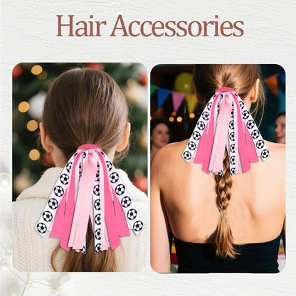 Soccer Hair Ties with Glitter Ribbons Pink Hair Accessories for Women Soccer Ribbon Hair Band Tassels Ponytail Holders Cheer Bows for Girls Scrunchies Streamers for Cheerleaders Team Gifts Ideas