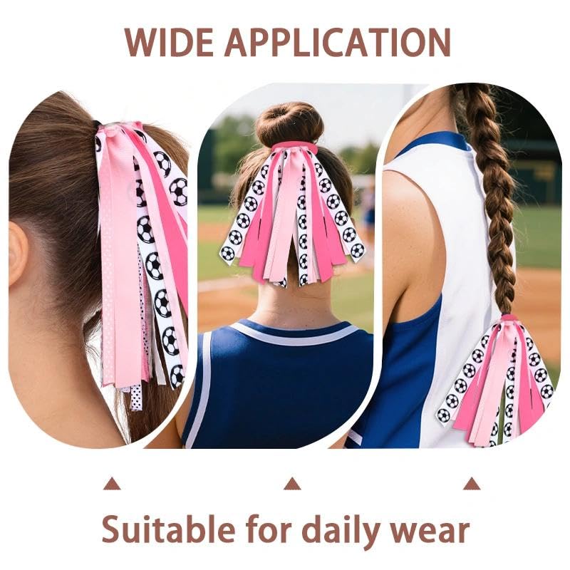 Soccer Hair Ties with Glitter Ribbons Pink Hair Accessories for Women Soccer Ribbon Hair Band Tassels Ponytail Holders Cheer Bows for Girls Scrunchies Streamers for Cheerleaders Team Gifts Ideas