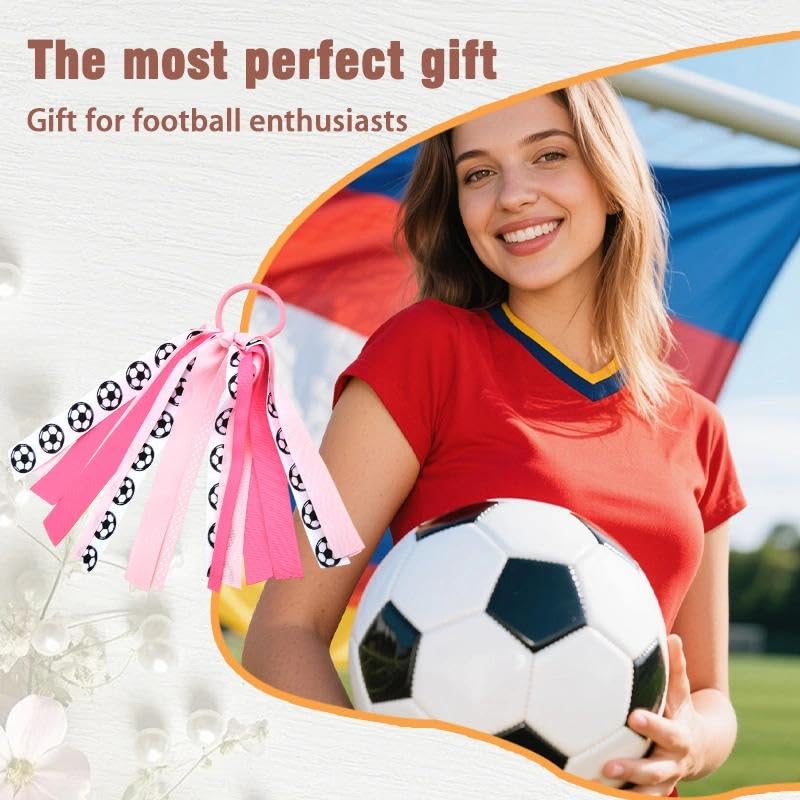 Soccer Hair Ties with Glitter Ribbons Pink Hair Accessories for Women Soccer Ribbon Hair Band Tassels Ponytail Holders Cheer Bows for Girls Scrunchies Streamers for Cheerleaders Team Gifts Ideas