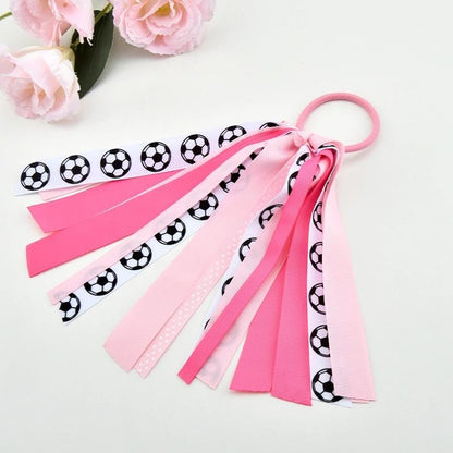 Soccer Hair Ties with Glitter Ribbons Pink Hair Accessories for Women Soccer Ribbon Hair Band Tassels Ponytail Holders Cheer Bows for Girls Scrunchies Streamers for Cheerleaders Team Gifts Ideas