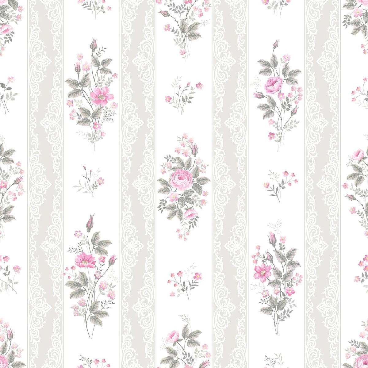 17.7"x 157" Floral Stripe Wallpaper Stick and Peel Girly Pink Floral Contact Paper Botanical Flowers Stripe Wallpaper for Nursery Room Decorative Sticky Farmhouse Wall Paper for Home Decor