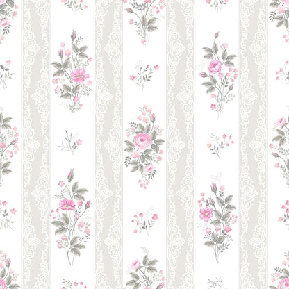 17.7"x 157" Floral Stripe Wallpaper Stick and Peel Girly Pink Floral Contact Paper Botanical Flowers Stripe Wallpaper for Nursery Room Decorative Sticky Farmhouse Wall Paper for Home Decor