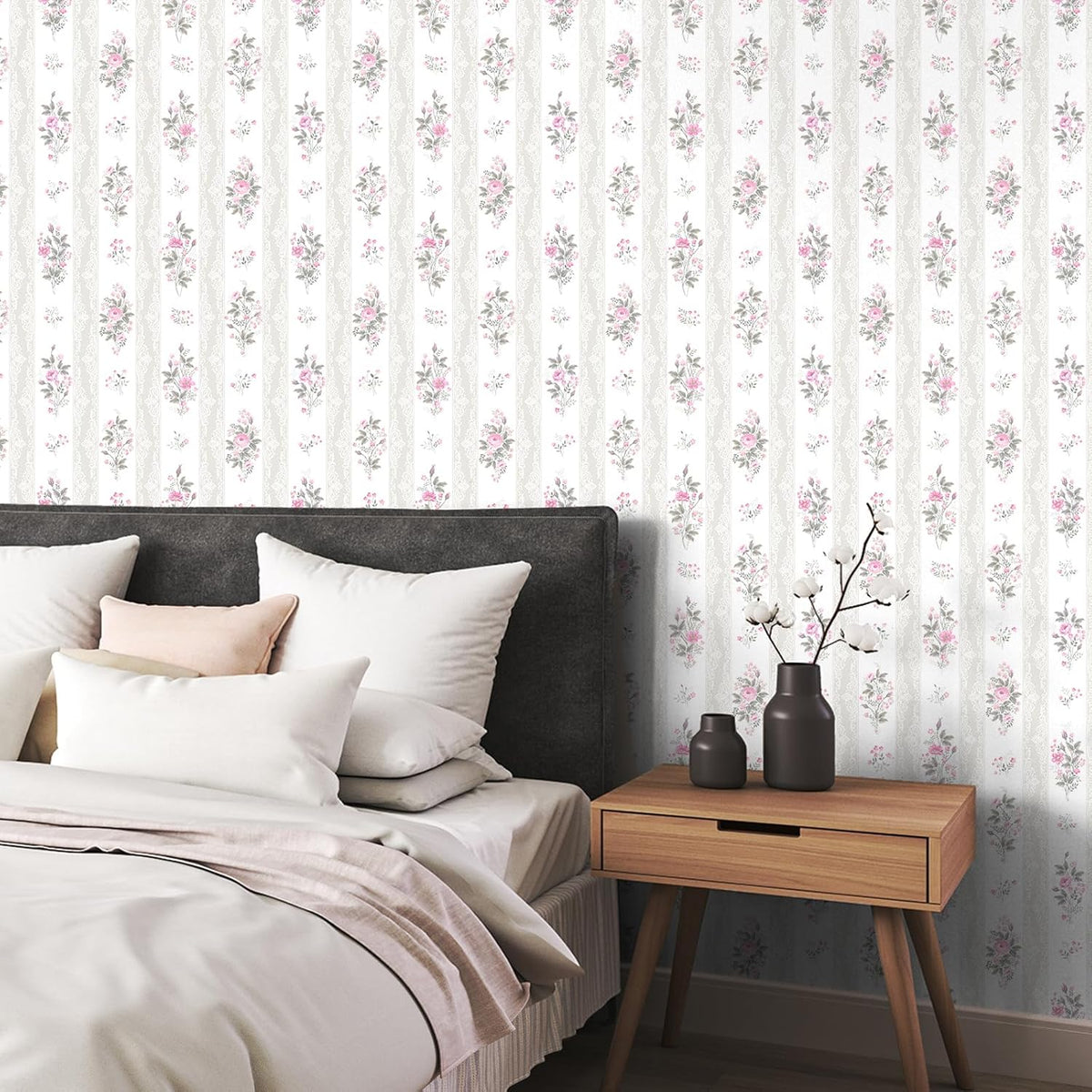 17.7"x 157" Floral Stripe Wallpaper Stick and Peel Girly Pink Floral Contact Paper Botanical Flowers Stripe Wallpaper for Nursery Room Decorative Sticky Farmhouse Wall Paper for Home Decor