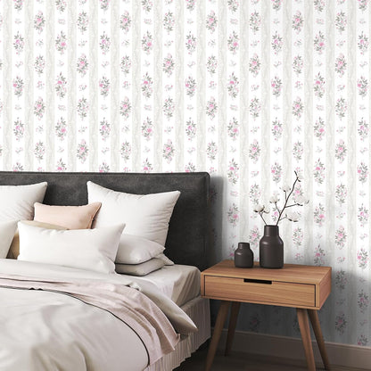 17.7"x 157" Floral Stripe Wallpaper Stick and Peel Girly Pink Floral Contact Paper Botanical Flowers Stripe Wallpaper for Nursery Room Decorative Sticky Farmhouse Wall Paper for Home Decor