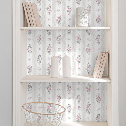 17.7"x 157" Floral Stripe Wallpaper Stick and Peel Girly Pink Floral Contact Paper Botanical Flowers Stripe Wallpaper for Nursery Room Decorative Sticky Farmhouse Wall Paper for Home Decor