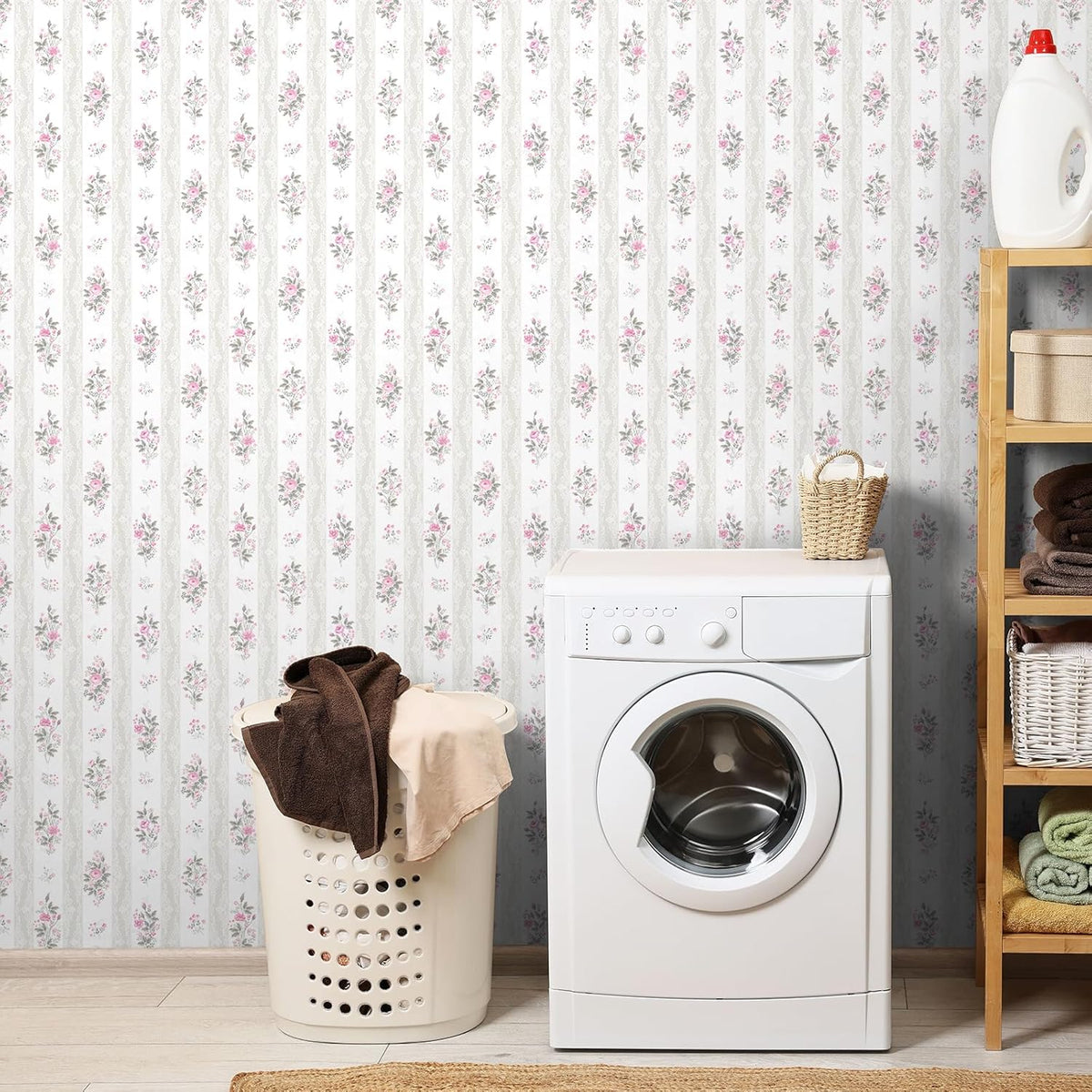 17.7"x 157" Floral Stripe Wallpaper Stick and Peel Girly Pink Floral Contact Paper Botanical Flowers Stripe Wallpaper for Nursery Room Decorative Sticky Farmhouse Wall Paper for Home Decor