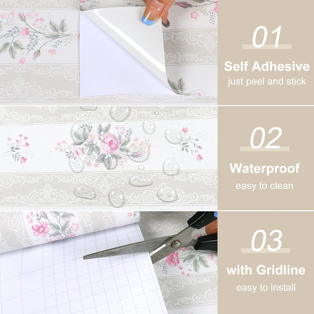 17.7"x 157" Floral Stripe Wallpaper Stick and Peel Girly Pink Floral Contact Paper Botanical Flowers Stripe Wallpaper for Nursery Room Decorative Sticky Farmhouse Wall Paper for Home Decor